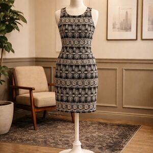Sleeveless Black & Cream Patterned Mini Sheath Dress
